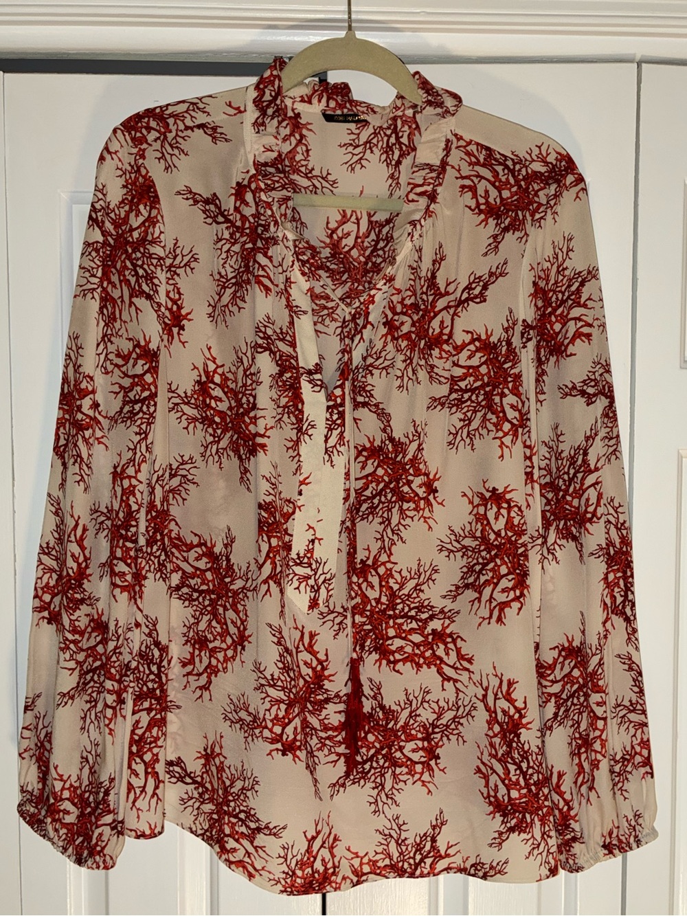 Kobi Halperin silk blouse with coral print and beaded ties sz XL